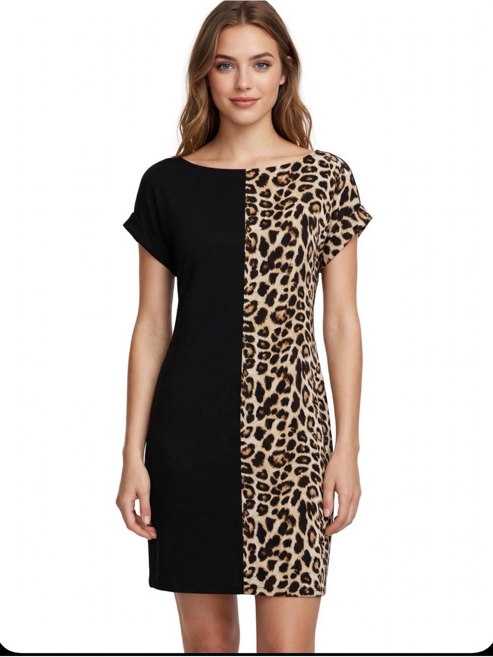 BiBi Black and Leopard-Print Split Shift Dress